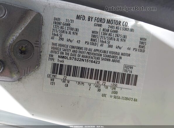 NM0LS7S22N1516423 2022 FORD TRANSIT CONNECT White Շարժիչի բաժամունքի տեսք