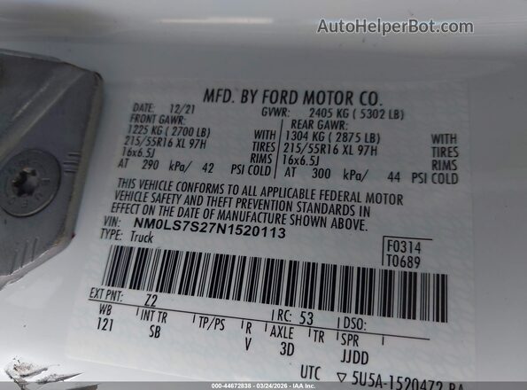 NM0LS7S27N1520113 2022 FORD TRANSIT CONNECT Yellow Vista del compartimento del motor