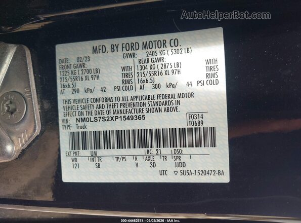 NM0LS7S2XP1549365 2023 FORD TRANSIT CONNECT Black Widok naklejki z numerem VIN
