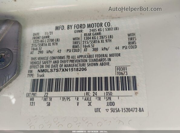 NM0LS7S7XN1518206 2022 FORD TRANSIT CONNECT White Engine compartment view