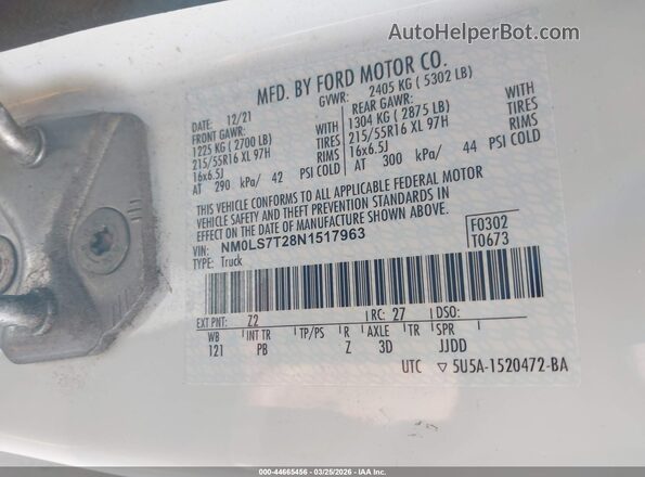 NM0LS7T28N1517963 2022 FORD TRANSIT CONNECT Белый Вид наклейки с VIN-кодом