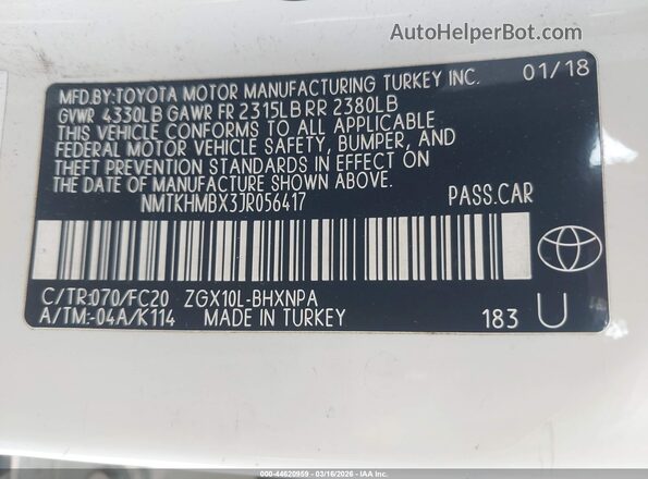 NMTKHMBX3JR056417 2018 TOYOTA LE Белый Вид подкапотного пространства