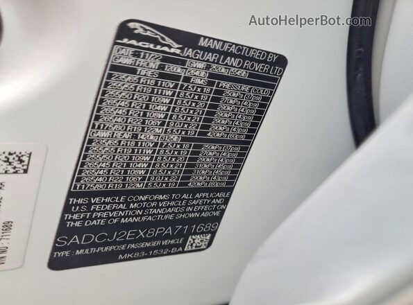 SADCJ2EX8PA711689 2023 JAGUAR F-PACE White VIN კოდის სტიკერის ხედი