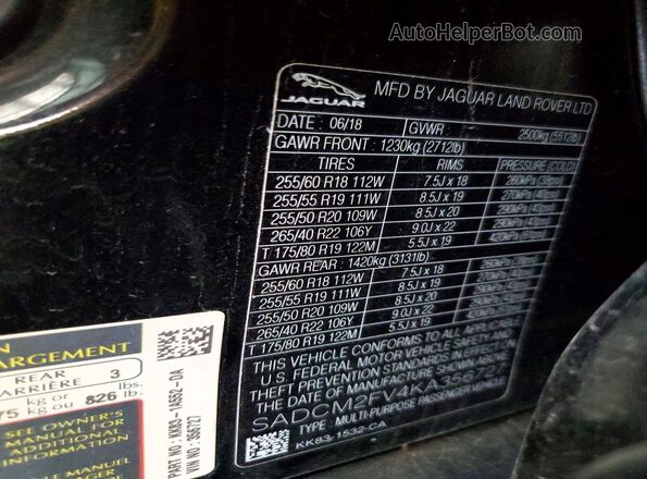 SADCM2FV4KA356727 2019 JAGUAR F-PACE Black Вид наклейки з VIN-кодом