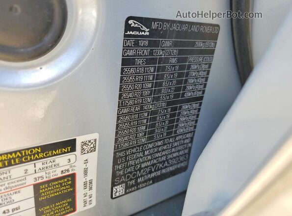 SADCM2FV7KA392363 2019 JAGUAR F-PACE Серебряный 
