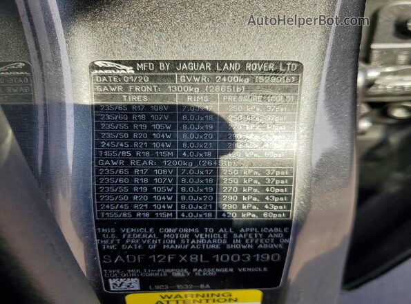 SADF12FX8L1003190 2020 JAGUAR E-PACE Gray Vista de la etiqueta del VIN