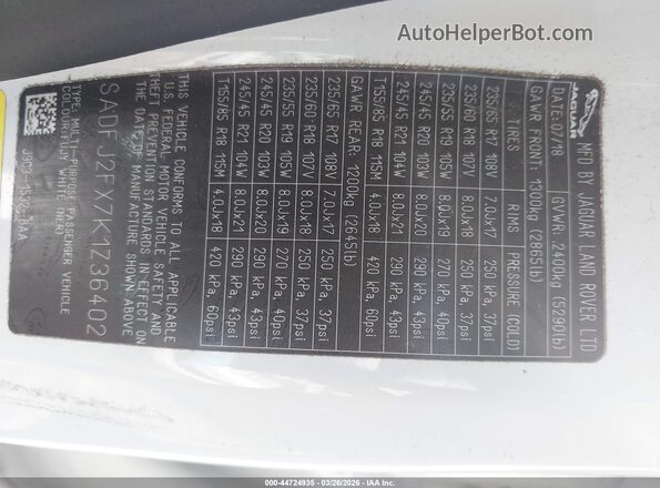 SADFJ2FX7K1Z36402 2019 JAGUAR E-PACE Белый 