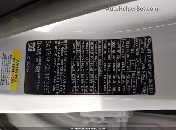 SADFK2FX2L1012853 2020 JAGUAR E-PACE White Շարժիչի բաժամունքի տեսք