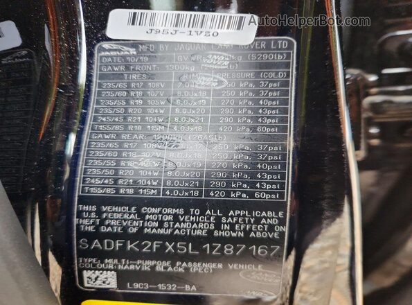 SADFK2FX5L1Z87167 2020 JAGUAR E-PACE Black VIN sticker view