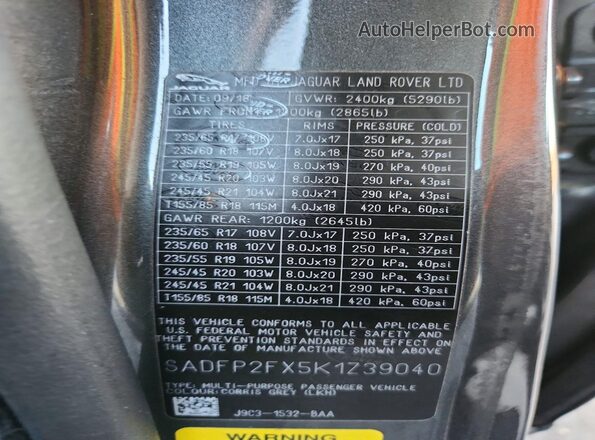 SADFP2FX5K1Z39040 2019 JAGUAR E-PACE Gray VIN კოდის სტიკერის ხედი
