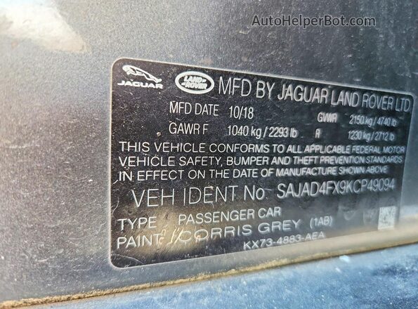 SAJAD4FX9KCP49094 2019 JAGUAR XF Silver Engine compartment view