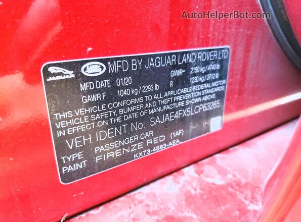 SAJAE4FX5LCP63265 2020 JAGUAR XF Red Вид підкапотного простору