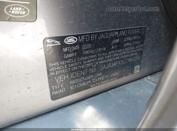 SAJAJ4FX3LCP64264 2020 JAGUAR XF Gray Вид підкапотного простору
