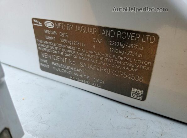 SAJAP4FX8KCP54536 2019 JAGUAR XF White 