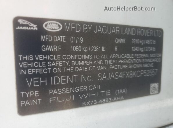 SAJAS4FX8KCP52557 2019 JAGUAR XF White Widok komory silnika
