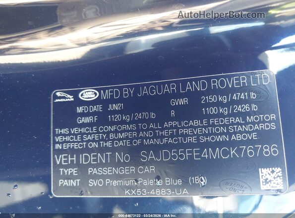 SAJD55FE4MCK76786 2021 JAGUAR F-TYPE Dark Blue Vista del compartimento del motor