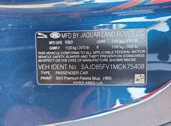 SAJD85FV1MCK75408 2021 JAGUAR F-TYPE Blue Vista de la etiqueta del VIN