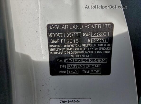 SAJDD1EV3JCK50804 2018 JAGUAR F-TYPE White Vista de la etiqueta del VIN