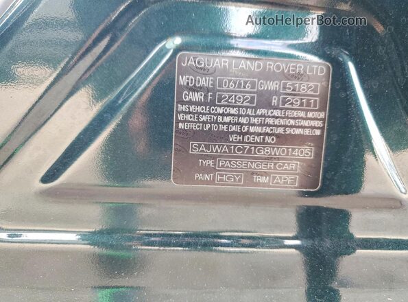 SAJWA1C71G8W01405 2016 JAGUAR XJ Teal Вид наклейки з VIN-кодом