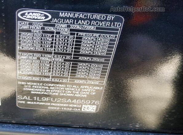 SAL1L9FU2SA465976 2025 LAND ROVER RANGE Black Widok naklejki z numerem VIN