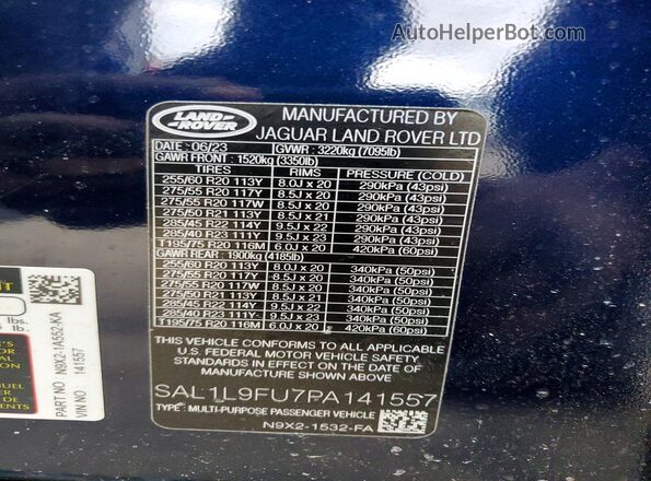 SAL1L9FU7PA141557 2023 LAND ROVER RANGE Blue Вид наклейки з VIN-кодом