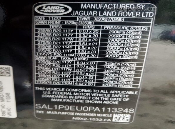 SAL1P9EU0PA113248 2023 LAND ROVER RANGE Black VIN კოდის სტიკერის ხედი