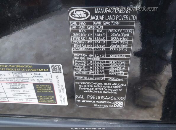 SAL1P9EU0SA458238 2025 LAND ROVER RANGE ROVER SPORT Черный Вид подкапотного пространства