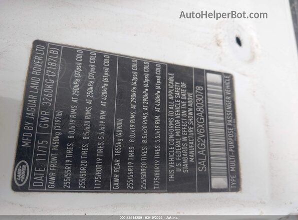 SALAG2V6XGA803078 2016 LAND ROVER LR4 White Vista del compartimento del motor