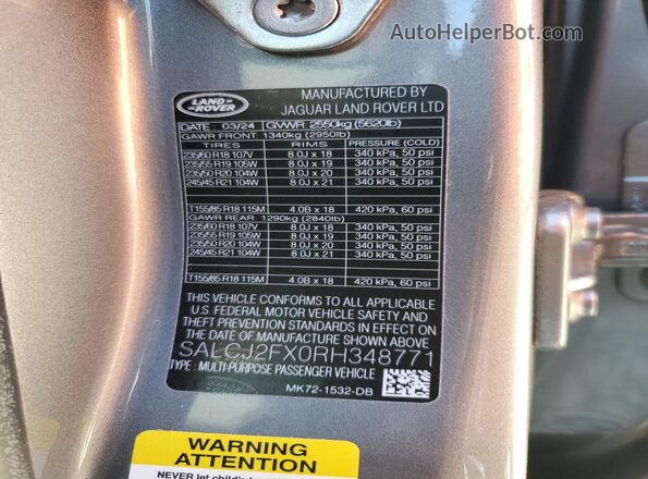 SALCJ2FX0RH348771 2024 LAND ROVER DISCOVERY Gray VIN sticker view