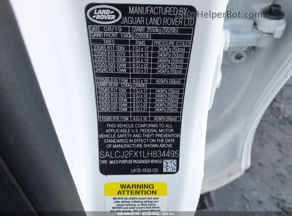 SALCJ2FX1LH834495 2020 LAND ROVER DISCOVERY SPORT White Widok komory silnika