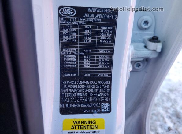 SALCJ2FX4NH910990 2022 LAND ROVER DISCOVERY White Vista de la etiqueta del VIN
