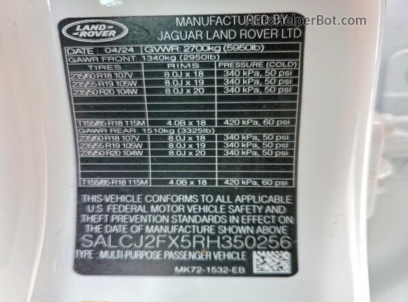 SALCJ2FX5RH350256 2024 LAND ROVER DISCOVERY White VIN sticker view