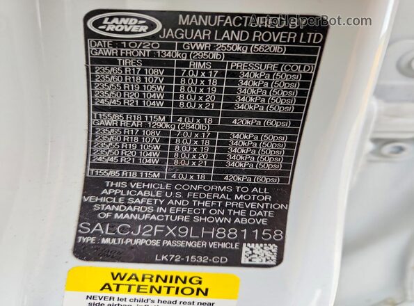 SALCJ2FX9LH881158 2020 LAND ROVER DISCOVERY White Widok wnętrza 360 stopni