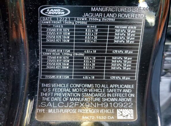 SALCJ2FX9NH910922 2022 LAND ROVER DISCOVERY Black VIN კოდის სტიკერის ხედი