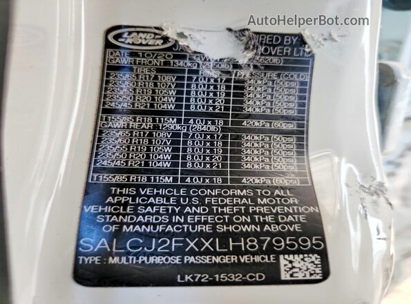 SALCJ2FXXLH879595 2020 LAND ROVER DISCOVERY White Vista interior de 360 grados