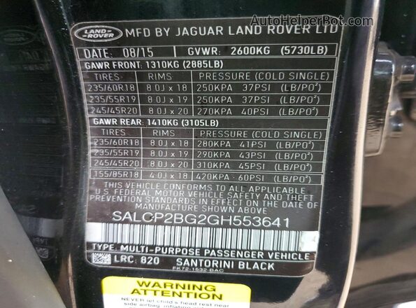 SALCP2BG2GH553641 2016 LAND ROVER DISCOVERY Black Vista de la etiqueta del VIN
