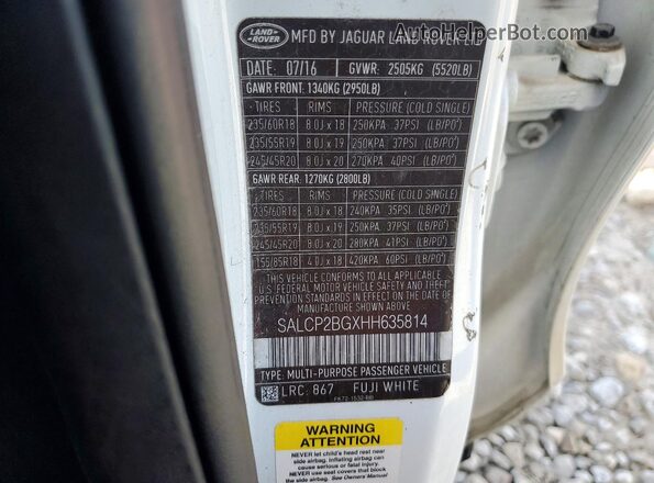 SALCP2BGXHH635814 2017 LAND ROVER DISCOVERY White VIN sticker view