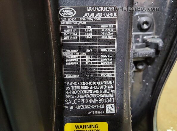 SALCP2FX4MH891340 2021 LAND ROVER DISCOVERY Gray VIN sticker view