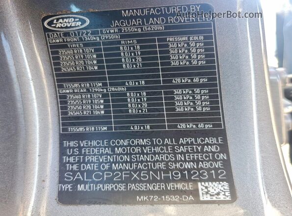 SALCP2FX5NH912312 2022 LAND ROVER DISCOVERY Gray VIN კოდის სტიკერის ხედი