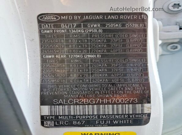 SALCR2BG7HH700273 2017 LAND ROVER DISCOVERY White 