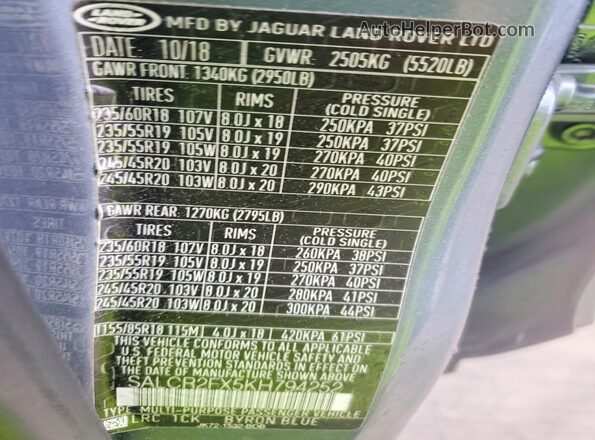 SALCR2FX5KH794252 2019 LAND ROVER DISCOVERY Gray Vista de la etiqueta del VIN