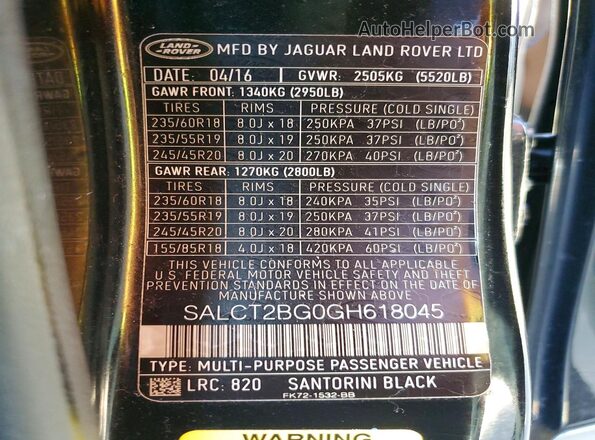SALCT2BG0GH618045 2016 LAND ROVER DISCOVERY Black VIN კოდის სტიკერის ხედი