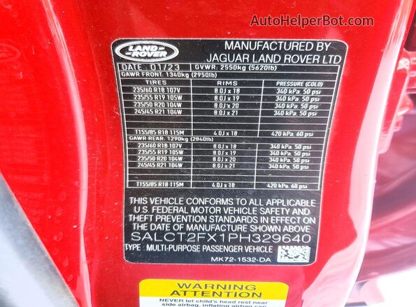 SALCT2FX1PH329640 2023 LAND ROVER DISCOVERY Red VIN sticker view