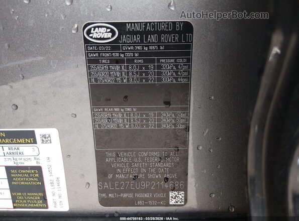 SALE27EU9P2114686 2023 LAND ROVER DEFENDER Gray ძრავის განყოფილების ხედი