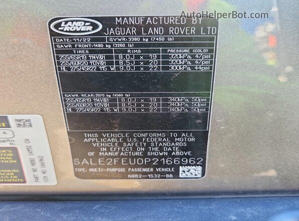 SALE2FEU0P2166962 2023 LAND ROVER DEFENDER Gray VIN კოდის სტიკერის ხედი
