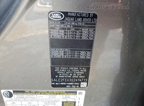 SALE2FEU3S2414713 2025 LAND ROVER DEFENDER Серый Вид наклейки с VIN-кодом