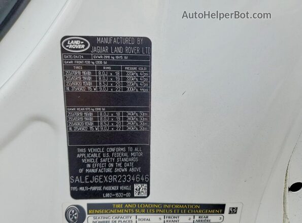 SALEJ6EX9R2334646 2024 LAND ROVER DEFENDER White VIN կոդի պիտակի տեսք