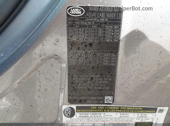 SALEJ6RX6N2091284 2022 LAND ROVER DEFENDER Pewter 