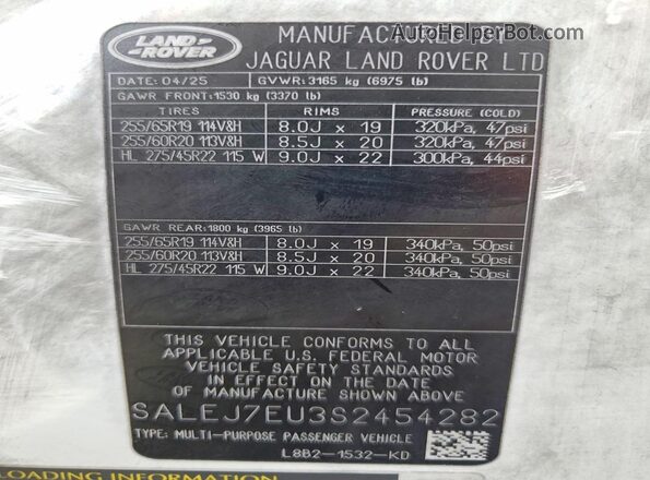 SALEJ7EU3S2454282 2025 LAND ROVER DEFENDER White Widok naklejki z numerem VIN
