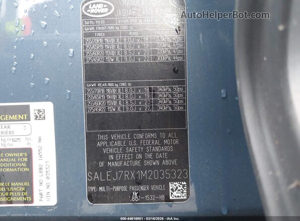 SALEJ7RX1M2035323 2021 LAND ROVER DEFENDER Blue Vista del compartimento del motor